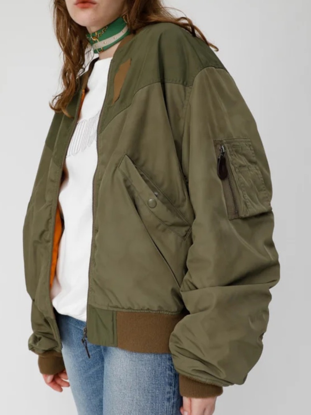 MOUSSY Vintage Panelwork MA-1 Bomber Jacket Olive Green Orange Size Free Os